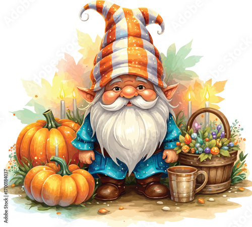 Charming gnome with pumpkins and easter egg basket festive scene
