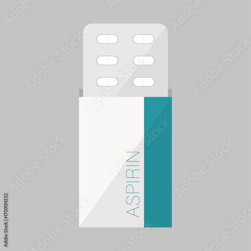 Medical Illustration of Aspirin Tablet Packaging on a Gray Background
