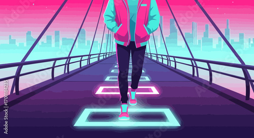 Vibrant retro cityscape illustration featuring a person walking on a neon bridge at dusk