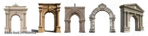 Architectural arch set including classical, gothic, and ornate carved stone designs isolated. Historical building elements.
