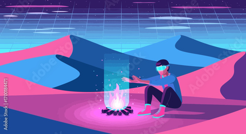 Virtual reality campfire scene in desert landscape, futuristic cyber style illustration
