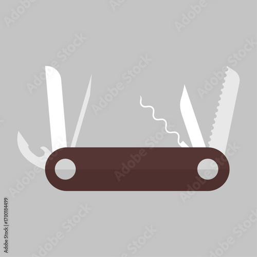 Versatile multi-tool pocket knife with various functions shown in a flat vector illustration