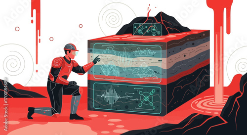 Volcanologist analyzing geological layers with augmented reality interface for data analysis and