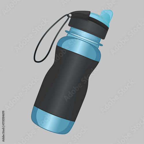 Vector illustration of a blue reusable sports water bottle with a black grip for hydration and fitness