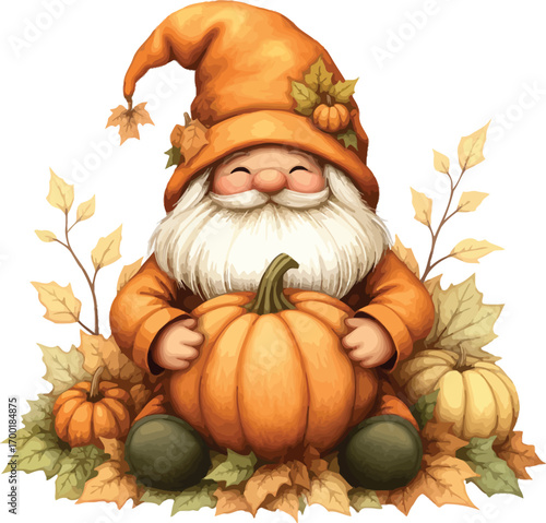 Cute autumn gnome holding pumpkin surrounded by fall leaves