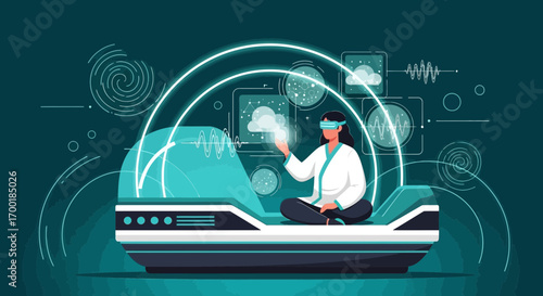 Woman experiencing virtual reality in a futuristic pod interface with data visualizations technology