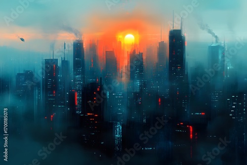A_futuristic_city_skyline_obscured_by_thick_smog_with_the_sun_barely_visible_through_the_haze_