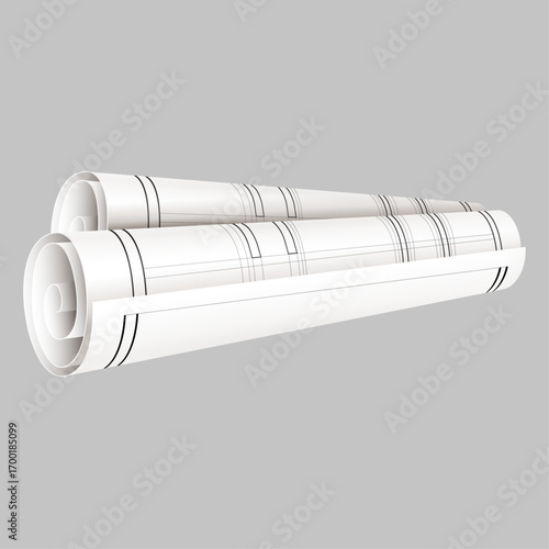 Rolled blueprints and architectural plans on a neutral background