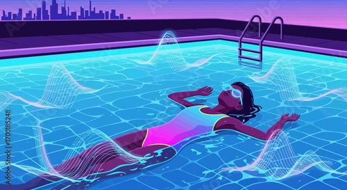 Woman peacefully floating in pool with cityscape background and visual sound waves