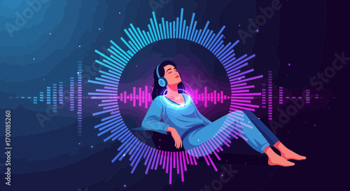 Woman relaxing while listening to music with headphones and equalizer visuals around her