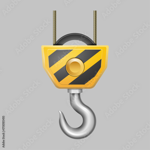 Realistic industrial crane hook with pulley block, isolated vector illustration