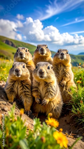 A group of prairie dogs poses together against a backdrop of rolling hills, bright blue sky, and fluffy white clouds, exuding a cheerful and playful ambiance.