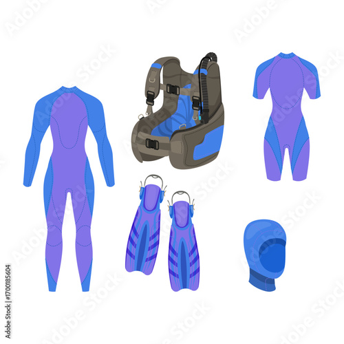 Set Scuba Diving Equipment Wetsuit, BCD, Fins, Hood