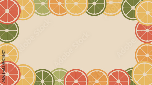Frame of citrus fruit slices including oranges lemons limes and grapefruits on a beige background
