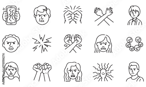Set of outline anger icons, vector fists and faces, emotions of aggression, rage, frustration, stress, and hostility illustrations