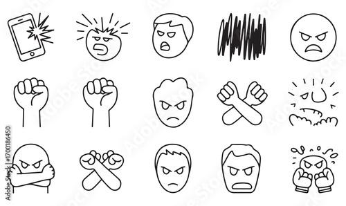 Vector angry icons, outline fists and faces, emotional expressions of rage, aggression, stress, frustration, and conflict graphics