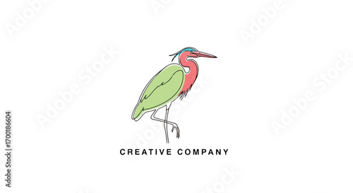 Vector illustration of stylized line art illustration of a heron bird with green body and red chest
