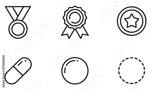 Vector award medals and ribbons, outline icons of recognition, success, honor, badges, stars, capsules, and circle symbols
