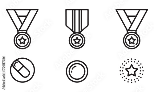 Collection of award and medal icons, outline vector badges, ribbons, stars, honor and success symbols, abstract circle elements