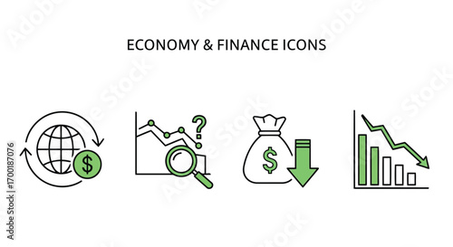 Vector illustration of set of economy and finance icons including global finance, market analysis, money bag with down arrow, and declining stock market graph