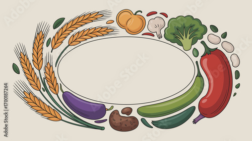 Oval frame of wheat stalks and vegetables including eggplant pepper squash and broccoli art image