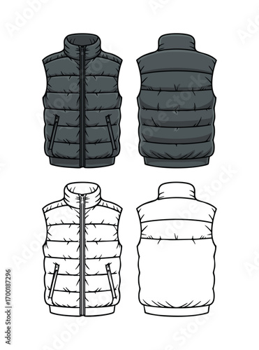 Sleeveless Puffer Vest Vector Illustration Front and Back Views: Quilted Outerwear Apparel Design Template for Winter Clothing and Casual Style