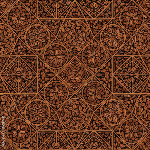 Ornate coffee bean pattern with geometric shapes in brown and black shades, patern seamless, Stock royalty.