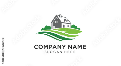 Vector illustration of real estate logo with a house on a green hill with wavy lines and text placeholder