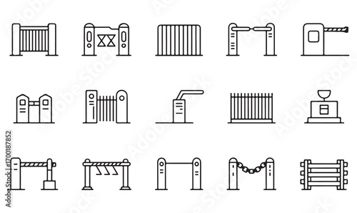 Outline fence and gate icons, vector barrier graphics for entry control, safety, protection, road checkpoints, and toll gate illustrations
