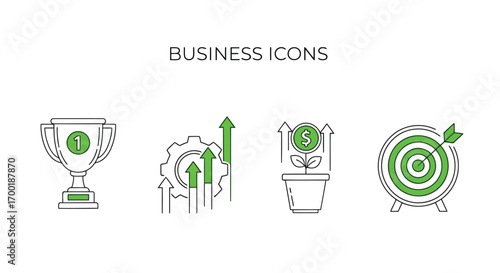 Vector illustration of collection of business and finance icons featuring a trophy, gear with upward arrows, money plant, and target