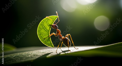 Ant Carrying a Leaf: Determination, Strength, and Teamwork Concept