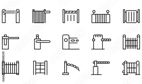 Security gate and barrier icons, outline vector set of fences, toll gates, and entry control graphics for restriction and protection
