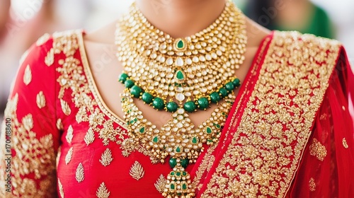 An elegant close-up of traditional Indian jewelry worn with a rich red outfit featuring intricate golden embroidery, Ideal for fashion, cultural celebrations, or jewelry promotion,