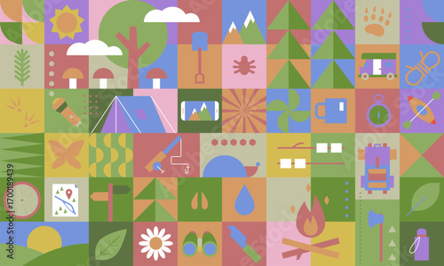 Hiking, Camping. Tourist's survival kit and camping tent. Camping flat icon collection. Set of outdoor adventure, hiking equipment, journey supply. Vector illustration