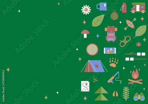 Hiking, Camping. Tourist's survival kit and camping tent. Camping flat background Set of outdoor adventure, hiking equipment, journey supply. Vector illustration