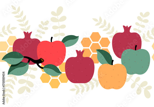 Jewish New Year, Rosh Hashanah Greeting card. Vector illustration with apple, pomegranate, Honey cell. Holiday banner
