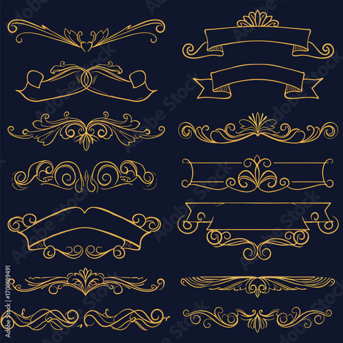 Ornate gold dividers and banners on navy background vector illustration, patern seamless, Stock royalty image.