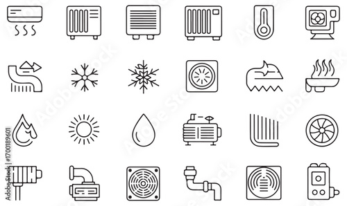 Heating and cooling devices vector icons, climate control outline illustrations of fire, snowflake, fan, sun, water, ventilation, and energy symbols