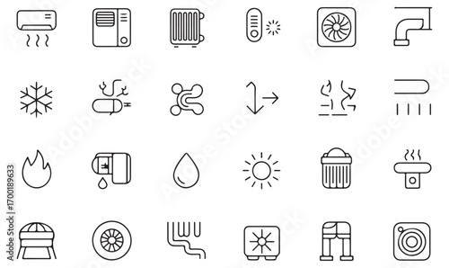Vector set of heating and cooling icons, outline style appliances, climate control, air conditioner, fan, radiator, and thermostat illustrations