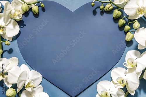 White Orchids and Green Buds Frame Heart Shape on Pink Background