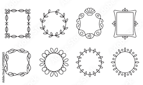 Collection of outline frame icons, decorative round and square borders, shell and sun vector shapes, ornamental design elements