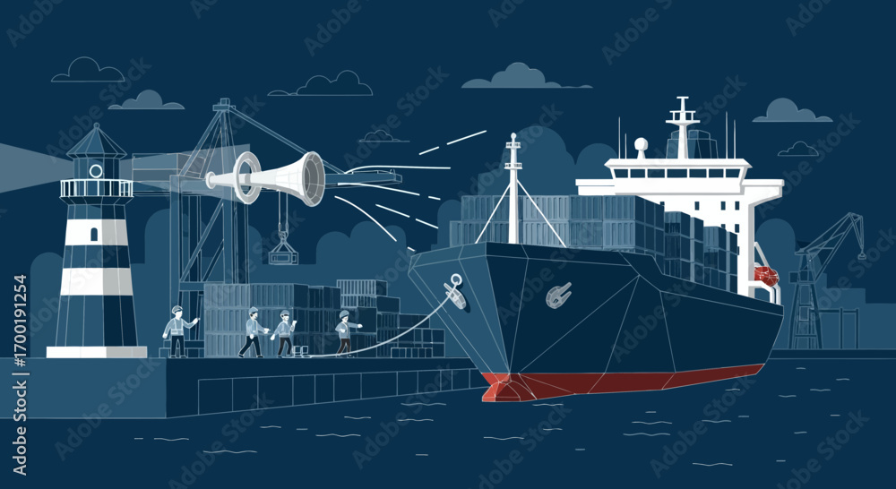 Obraz premium Vector illustration depicting global trade communication with a cargo ship in the port