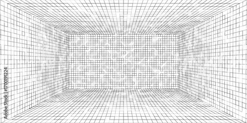 Futuristic perspective grid box. Abstract wireframe with white grid line on black background. Virtual reality landscape in 80s 90s digital style. Vector