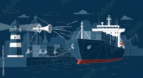 Vector illustration depicting global trade communication with a cargo ship in the port