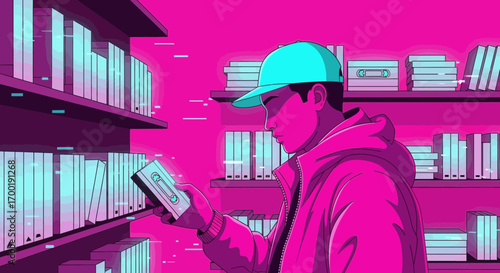 Synthwave nostalgia: A man immersed in retro technology with neon colors and vintage media selection