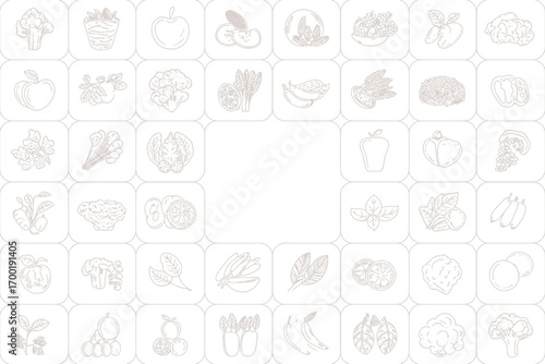 White background with a variety of fruits and vegetables in square tiles in a grid arrangement