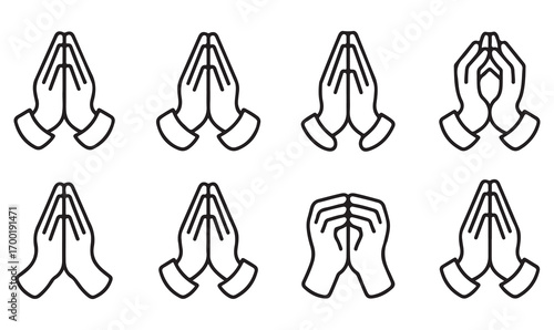 Vector prayer hands icons, outline folded symbols, religion, spirituality, worship, belief, hope, and meditation graphics set