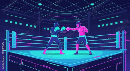 Two boxers in a neon-lit ring, preparing to fight under the bright arena lights fighting scene