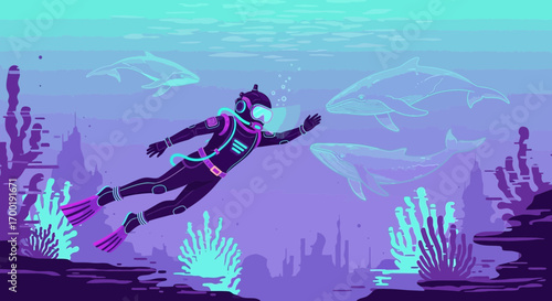 Underwater adventure featuring a diver swimming alongside gentle giant whales deep in the ocean