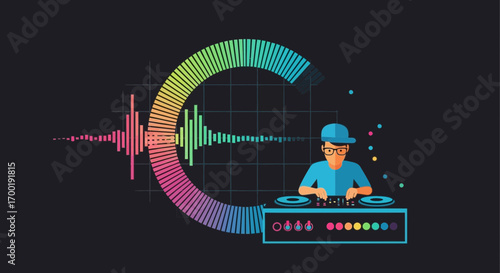 Vibrant music experience: A DJ mixing sounds with an equalizer illustration design